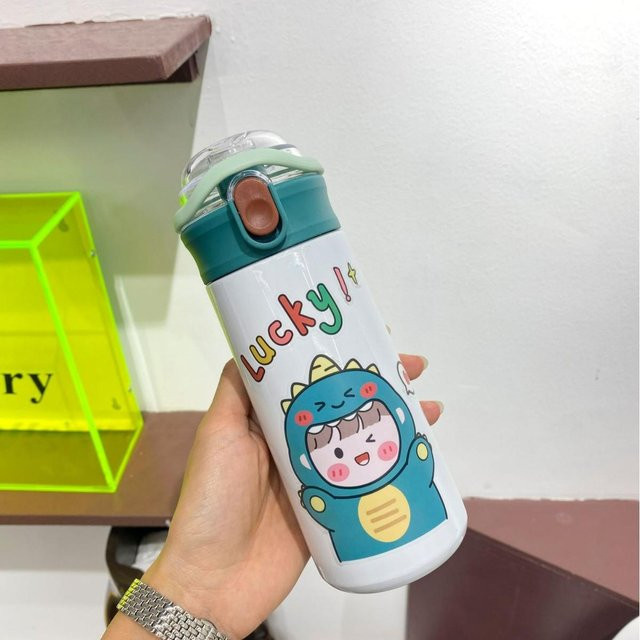 Yiran Furniture Cartoon Thermosbecher mit Strohhalm und Klappbecher, Farbe: Weiß, 500ml - Bild 1
