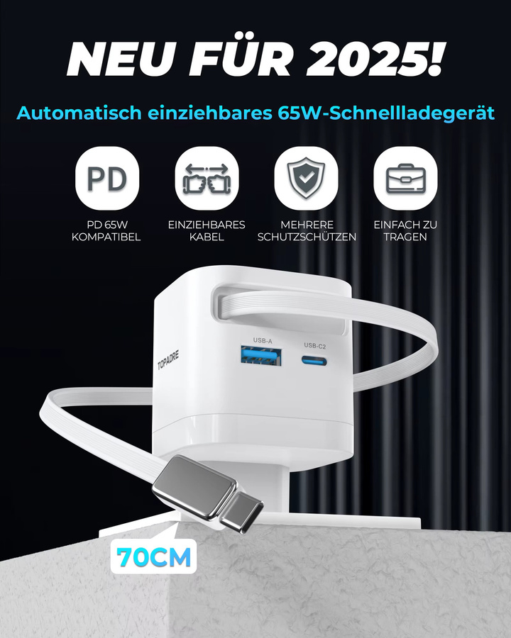 TOPADRE 65W GaN Schnellladegerät in Weiß mit einziehbarem Kabel und faltbarem Stecker für iPhone, Samsung, iPad und Android-Smartphones - Bild 2