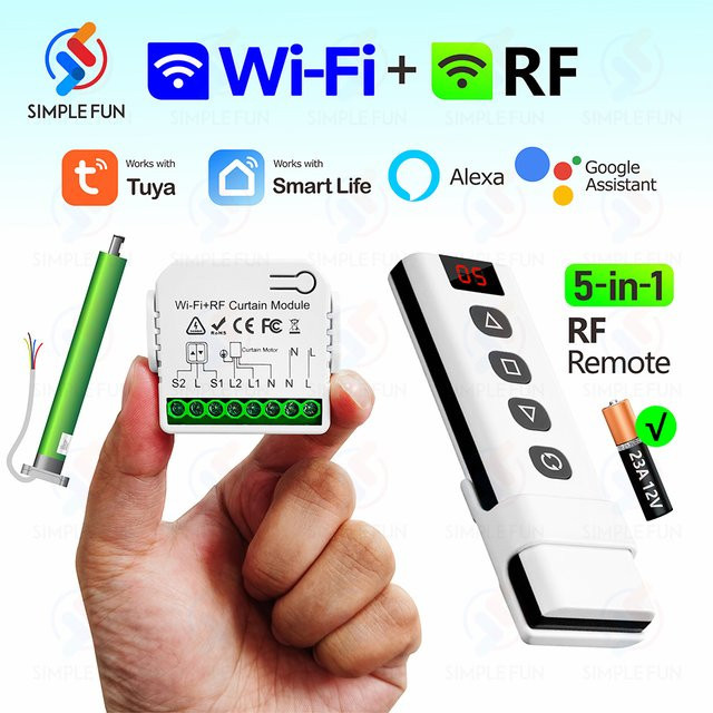 Tuya WiFi RF Smart Modul für Vorhang-Rollverschlüsse, 5-in-1-Fernbedienung für Jalousien und Markisen, Weiß, kompatibel mit Alexa und Google Home - Bild 1