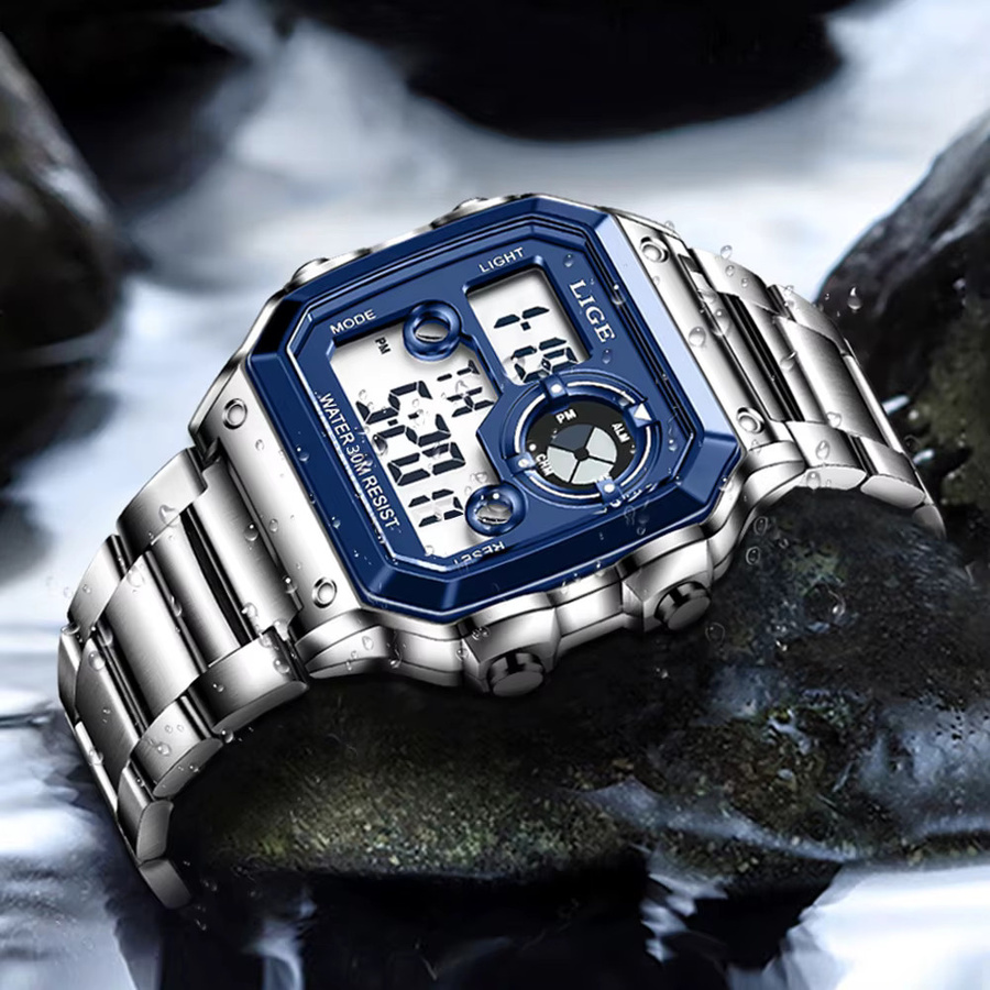 LIGE Digitaluhr, Edelstahl, Eckig, Blau, Herren - Bild 2