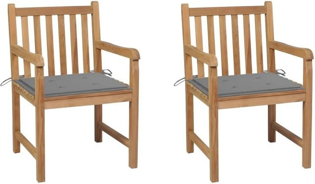 vidaXL Gartenstuhl-Set aus Teakholz mit grauen Kissen, 2 Stück, rustikal mit Armlehnen - Bild 1