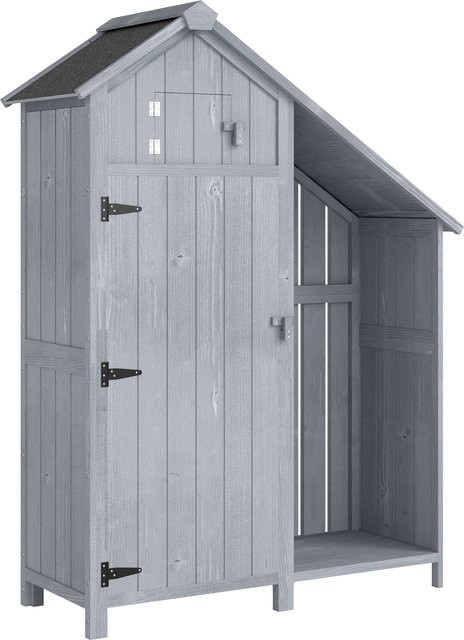 Outsunny Gartenschrank aus Tannenholz in Grau, wetterfester Geräteschuppen mit Asphaltdach und Einlegeböden für Garten und Terrasse, B/T/H: 129 x 51,5 x 180 cm - Bild 1