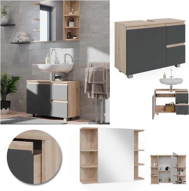 Vicco Badmöbelset J-Shape in Sonoma und Anthrazit, modernes 2-teiliges Badezimmer-Set mit Waschtischunterschrank und Spiegelschrank, B/H/T: 80,0 x 60,0 x 35,92 cm - Bild 1