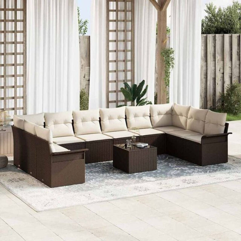 vidaXL Garten-Sofa-Set aus Poly-Rattan mit 11-teiligem Kissen-Set in Braun - Bild 1