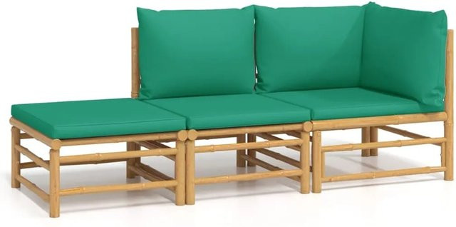 vidaXL 3-tlg Garten-Lounge-Set aus Bambus mit grünen Polsterkissen, L-Form mit Sofa, Eckelement und Ottoman - Bild 1