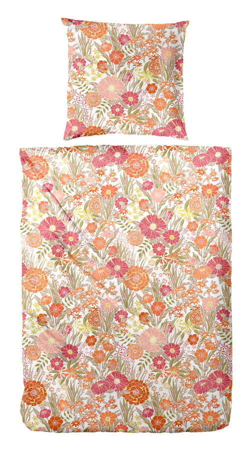 Primera Perkal Bettwäsche Blumenwiese Flowerpower in Pink und Orange mit Bettbezug und Kissenbezug, Material: Baumwolle, B/H: 135 x 200 cm, Kissenbezug: 80 x 80 cm - Bild 1
