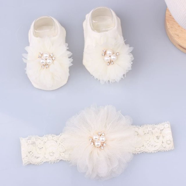Stirnband und Socken Set, Spitze, Blume, beige, Mädchen - Bild 1