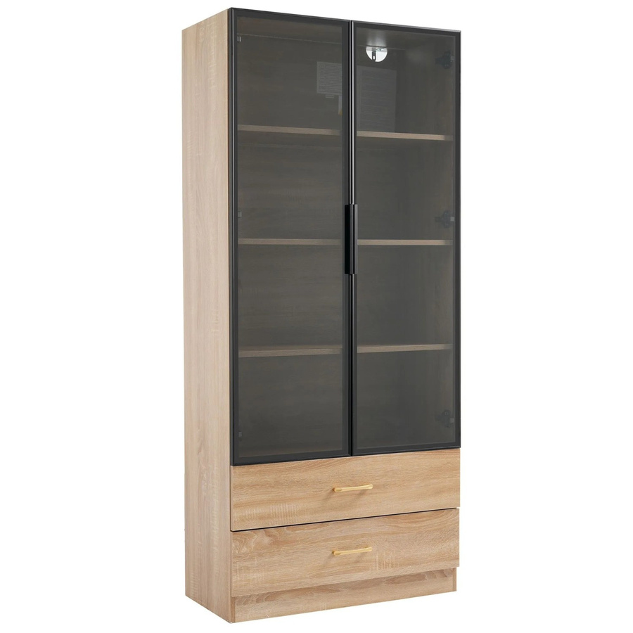 okwish Badezimmerschrank in Braun mit integrierter Lichtleiste, 2 Schubladen und 2 Glastüren, B/T/H: 75 x 35 x 170 cm - Bild 2