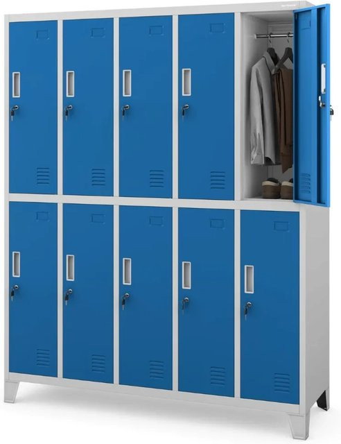 DELUKE Umkleideschrank Spind mit 10 Abteilen und Scharniertüren aus Metall in Grau-Blau, H: 172 cm, B: 136 cm, T: 45 cm - Bild 1