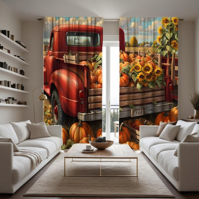 2er Set dekorative Vorhänge mit Sonnenblumen und Kürbis Motiv in Gelb und Multicolour, B: 132 cm, H: 160 cm - Bild 1