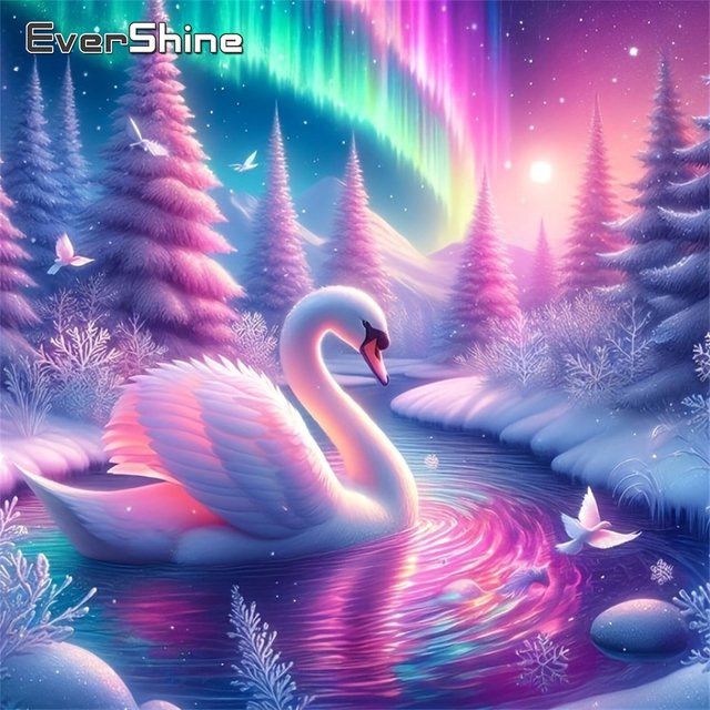 EverShine Diamant-Stickerei DIY Malerei Schwan in Winterlandschaft als Voll-Diamant-Mosaik mit Aurora Strass-Steinen in Multicolour - Bild 1
