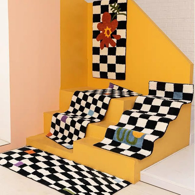 VIKAMA Schachbrett Teppich in Schwarz-Weiß im Vintage-Design, schmutzabweisend, für Wohnzimmer und Schlafzimmer - Bild 1