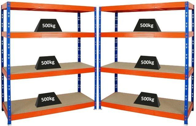 PROREGAL Rhino Schwerlastregal Set 2er Pack, Blau-Orange, H x B x T: 180 x 160 x 60 cm, 4 verstellbare Ebenen mit 8mm MDF-Holzplatten, Fachlast 500 kg - Bild 1