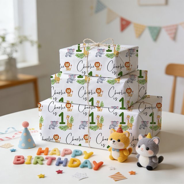 Personalisierbares Dschungeltier Geschenkpapier für Kindergeburtstage mit Name und Alter von joy-enlife - Bild 1