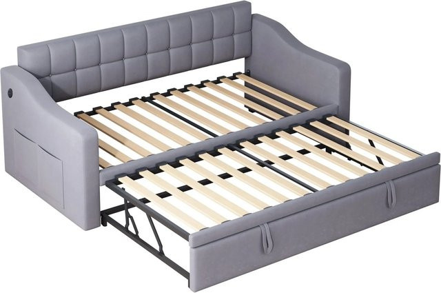 KOMHTOM 2 in 1 Multifunktionsschlafsofa Polsterbett aus Samt in Grau mit Steckdose und Aufbewahrungstasche B/T/H: 90 x 190 x 80 cm - Bild 1
