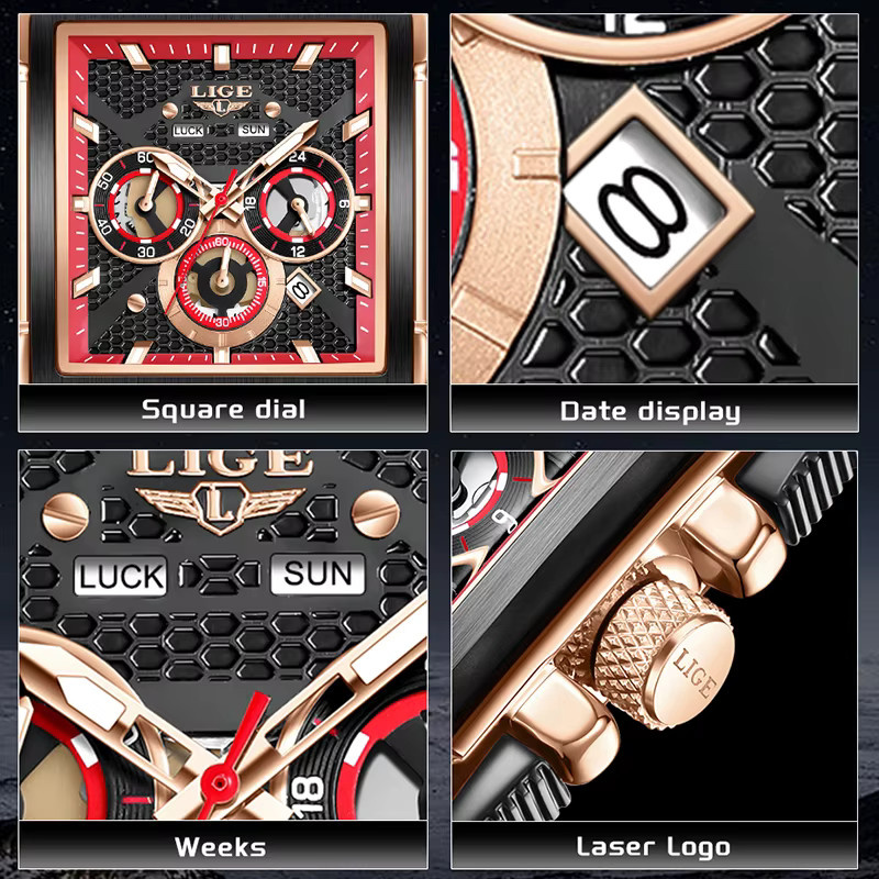 LIGE Armbanduhr Quarz, eckig, Silikonarmband, Schwarz, Herren - Bild 4