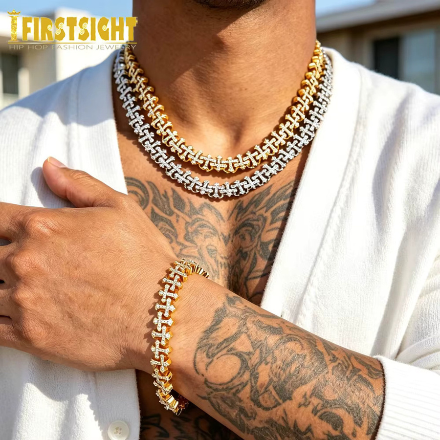 Halskette mit Kreuz-Anhänger, Zirkonia, Cuban Chain, Unisex - Bild 3