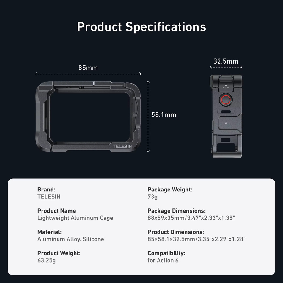 TELESIN Aluminiumlegierungsrahmen Rabbit Cage Schutzgehäuse mit Doppel-Kaltschuhadapter für DJI OSMO Action 6 in Schwarz - Bild 4