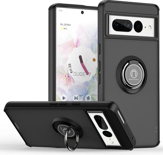 Armor Stoßfeste Handyhülle für Google Pixel 6, Pixel 7 und Pixel 8 Pro mit magnetischer Autohalterung und Ring in Schwarz - Bild 1