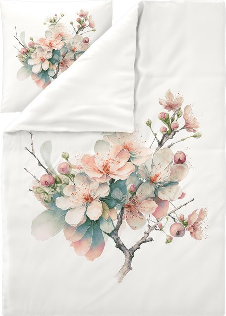 LIVARNO Mako-Satin Bettwäsche Set Blütenbaum Weiß mit 1x Bettbezug und 2x Kissenbezug B/H: 155 x 220 cm - Bild 1