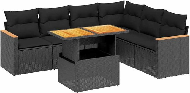 vidaXL 7-teilige Garten-Sofagarnitur in L-Form aus schwarzem Poly-Rattan mit Kissen und Akazienholz - Bild 1