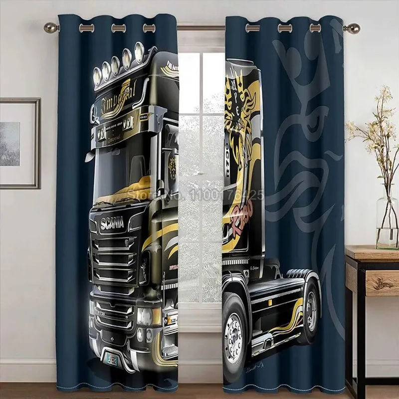 A Family Of Home Textiles Verdunkelungsvorhänge mit 3D-LKW-Print, Schwarz, B: 110 cm, H: 220 cm, 2er-Set - Bild 4