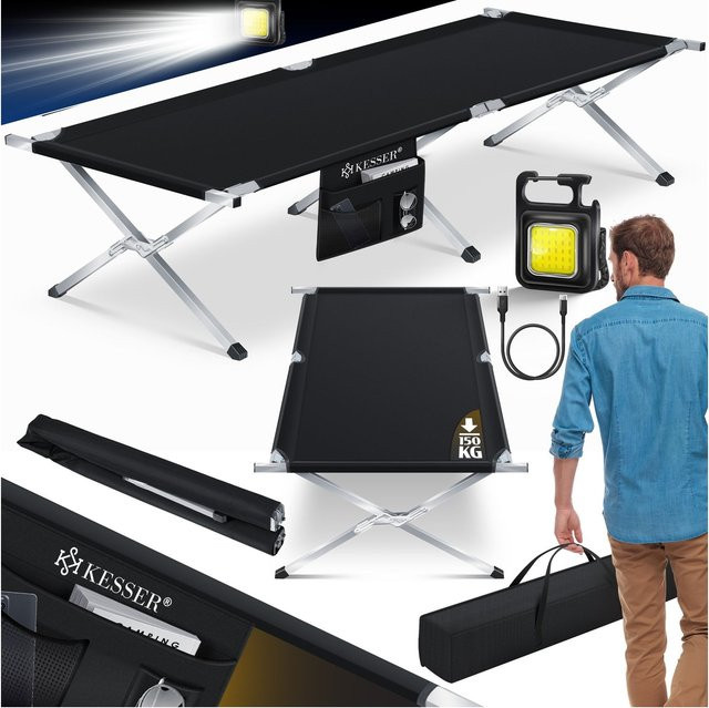 KESSER Campingbett Klappbett in Schwarz mit Tragetasche und Seitentasche aus 600D Oxfordgewebe und Metallrohr, belastbar bis 150 kg - Bild 1