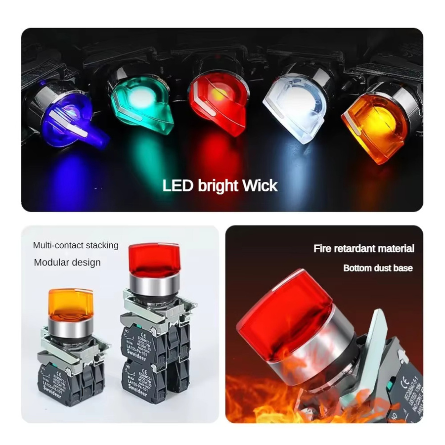 Sweideer Xb4 Drehschalter mit LED-Leuchtanzeige 22mm, 2 Positionen, selbsthemmend, 1NO/2NO/1NO1NC, 12V/24V, 10A, Farben: Rot, Grün, Weiß - Bild 3