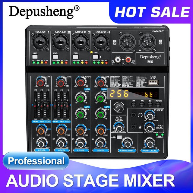 Depusheng M6 6-Kanal-Tonmischpult mit Bluetooth und USB-Aufnahme, Schwarz, inklusive 48V Phantomspeisung und Delay-Repeat-Effekt - Bild 1