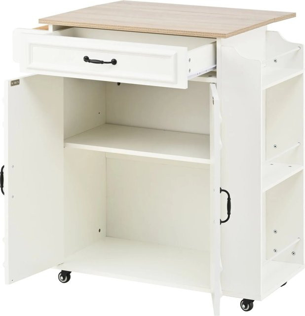 okwish Kücheninsel mit Rollen und klappbarer Arbeitsplatte in Weiß, inklusive Schublade und Gewürzregal, B/T/H: 66 x 38 x 86 cm - Bild 1