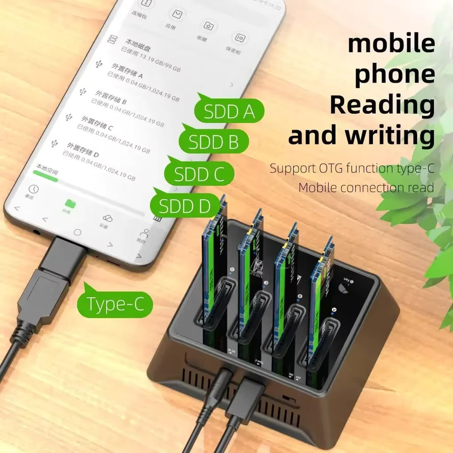 MAIWO 4-Bay M.2 NVMe SATA SSD-Gehäuse in Schwarz mit 10Gbps USB 3.2 Gen2 USB-C Dockingstation für M-Key und B+M-Key SSD-Adapter - Bild 3