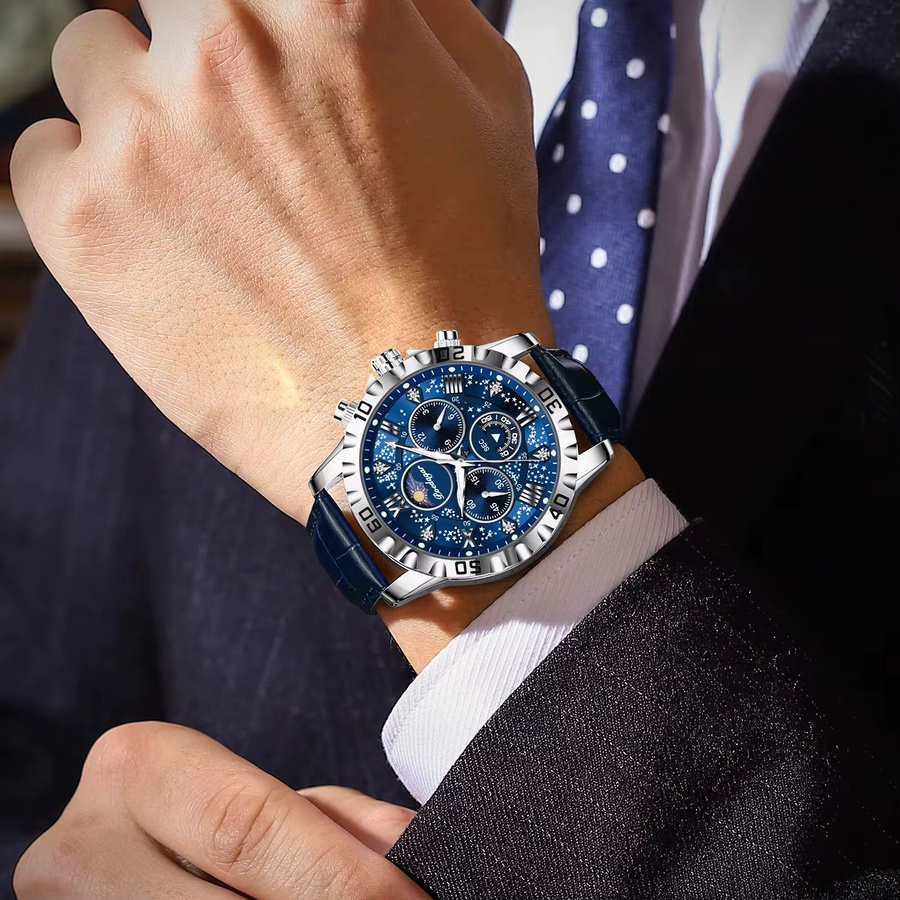 POEDAGAR Chronograph Armbanduhr, Quarz, Leder, Herren, Blau - Bild 5