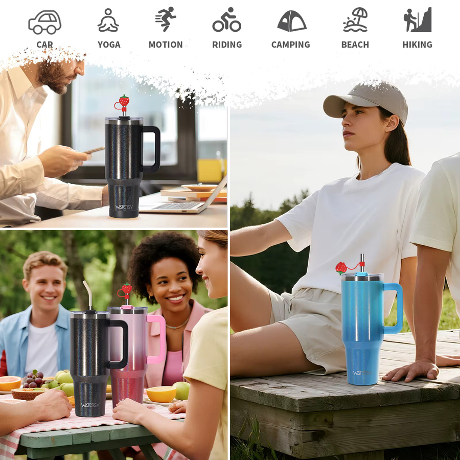 WATERSY Thermobecher Tumbler aus Edelstahl mit Griff und Strohhalm, isoliert, Schwarz - Bild 3