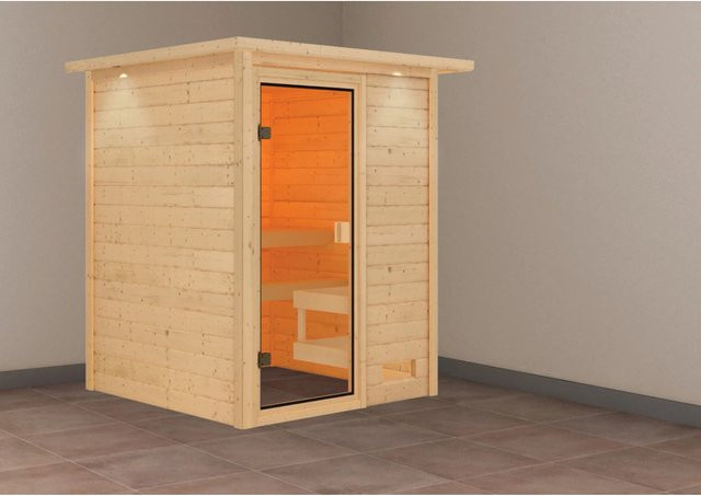 Karibu Sauna Sandra mit LED-Dachkranz aus Fichten- und Espenholz in Natur/Braun - Bild 1