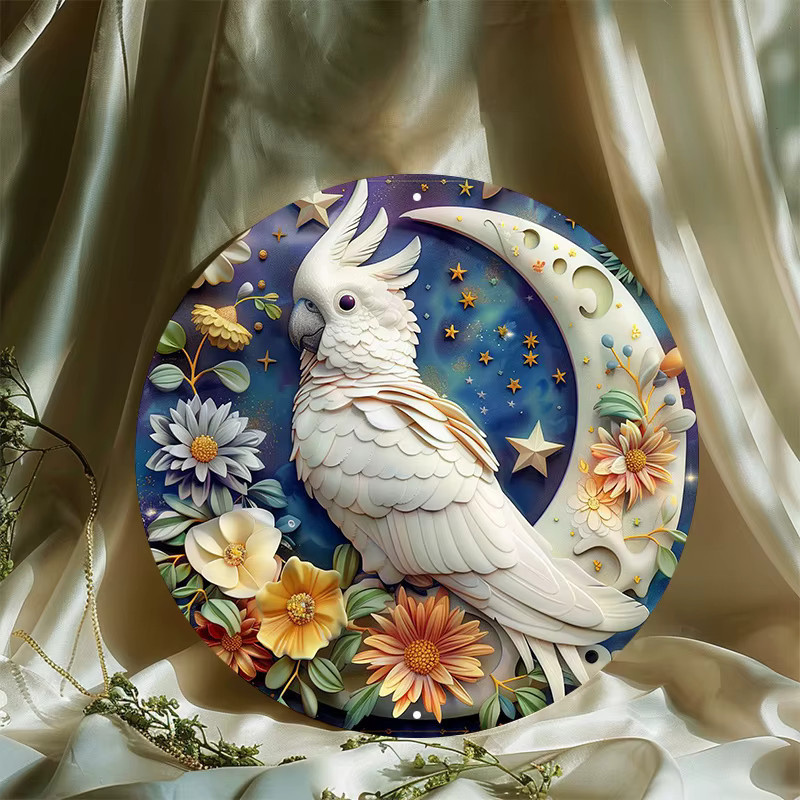 Potdemiel Aluminium-Wandkunstschild mit weißem Kakadu- und Blumenmuster, quadratisch, B/H: 20,32 x 20,32 cm - Bild 3