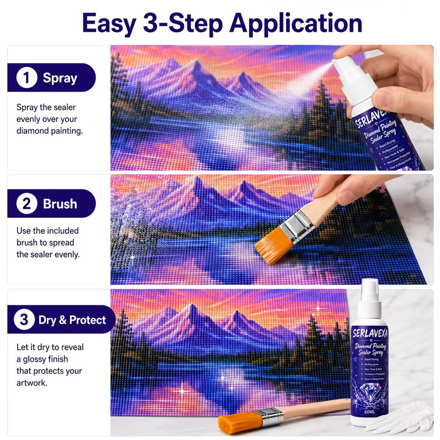 SERLAVEXA Diamantmalerei-Versiegelungsspray im 3er-Set, 60 ml pro Flasche, transparenter Bastelkleber-Spray für Kunstperlen und Puzzle-Fixierer - Bild 5