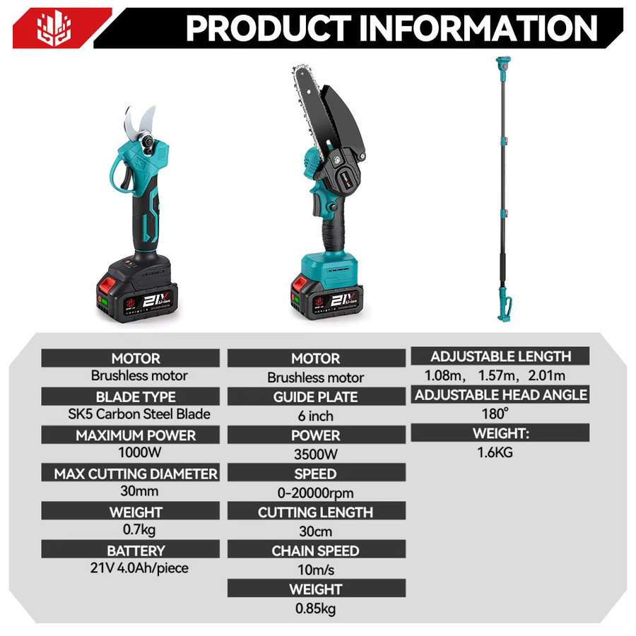 ONEVAN 4-in-1 Bürstenlose Teleskop-Elektrokettensäge 3500W Hochastschere Gartenwerkzeug kompatibel mit Makita 18V Akku - Bild 2