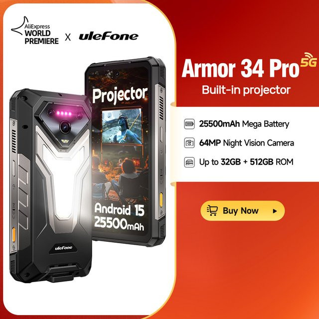 Ulefone Armor 34 Pro 5G Smartphone mit integriertem Projektor, 512 GB ROM, 6,95 Zoll Display, NFC, Schwarz - Bild 1
