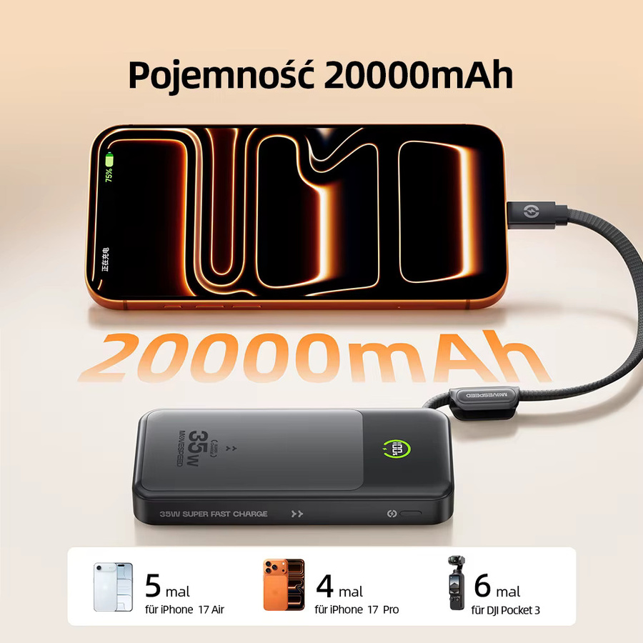 MOVESPEED P20 Powerbank 20000mAh mit PD 35W Schnellladefunktion und LFP-Akku in Schwarz - Bild 3