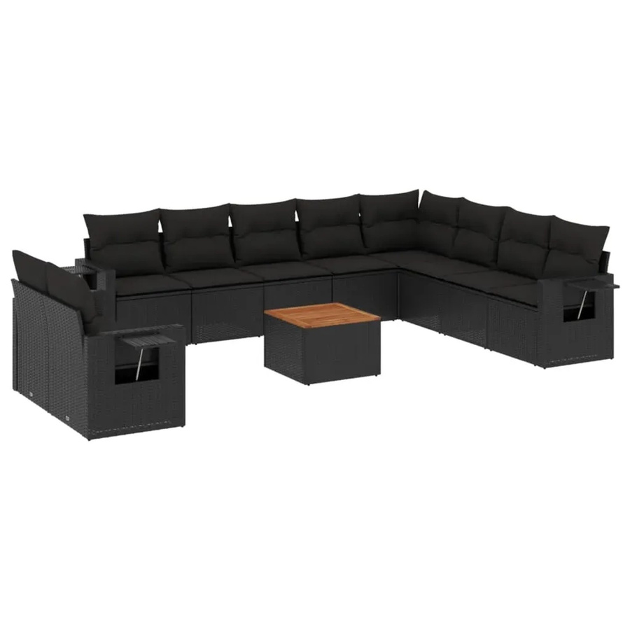 vidaXL 11-teilige Garten-Sofagarnitur in L-Form aus Polyrattan und Akazienholz mit Kissen, Schwarz - Bild 2