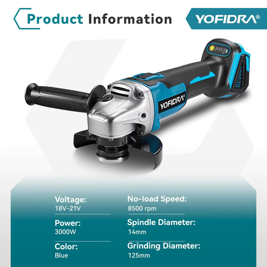 YOFIDRA Bürstenloser Winkelschleifer 125mm Blau, kabelloser elektrischer Winkelschleifer kompatibel mit Makita 21V Akku - Bild 2