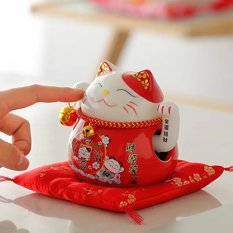 Winkende Glückskatze Maneki-Neko aus Keramik von cerakorie, batteriebetrieben, Japanischer Stil, Höhe: 11,4 cm - Bild 3