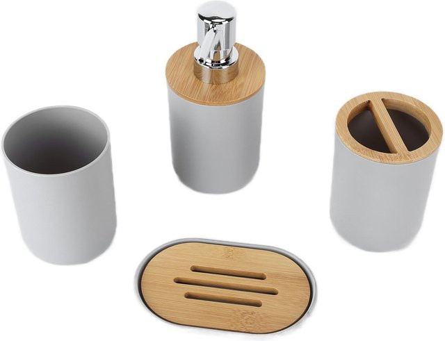 KaiSai 4-teiliges Badezimmer-Zubehör-Set aus Bambus in Grau mit Zahnbürstenhalter, Seifenspender, Seifenschale und Becher - Bild 1