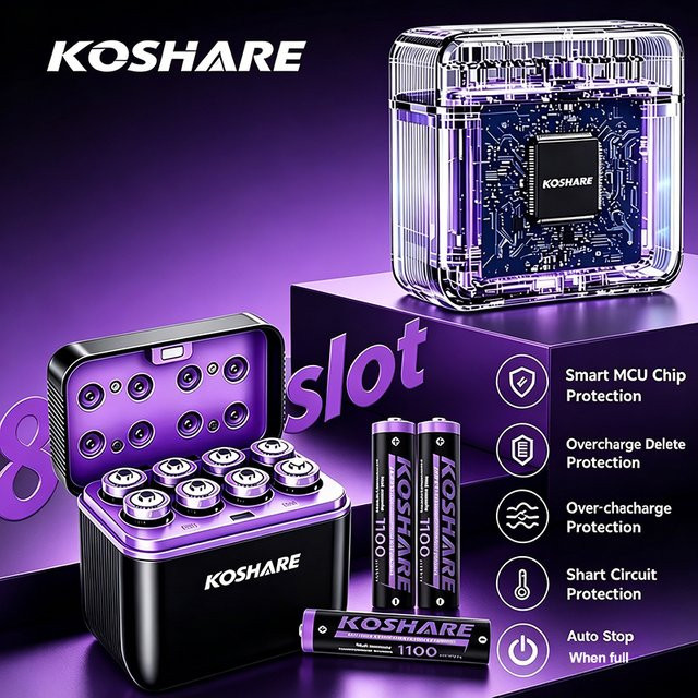 KOSHARE 8-Slot LED Smart Lithium-Batterieladegerät für 1,5V AAA 1100mWh Li-Ionen-Akkus in Schwarz - Bild 1