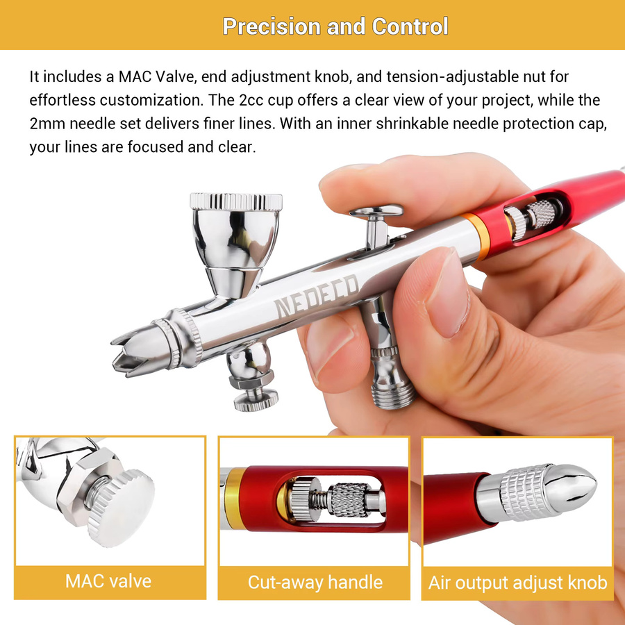 NEOECO Dual Action Airbrush mit Schwerkraftzufuhr in Silber, 0,2 mm Düse, inklusive 2 cc und 9 cc Flüssigkeitsbecher, Kronennadelkappe, O-Ring-Dichtungssatz und Drop-In-Düse - Bild 2