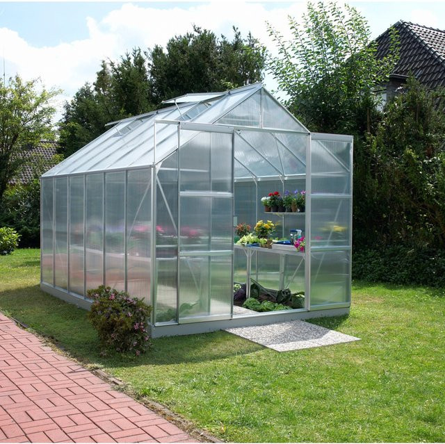 Gewächshaus Vitavia Uranus 9900 aus Aluminium Eloxiert mit 4 mm Polycarbonat-Hohlkammerplatten, Fundament, Doppelschiebetür, Dachfenster und Regenrinnen, Schwarz - Bild 1