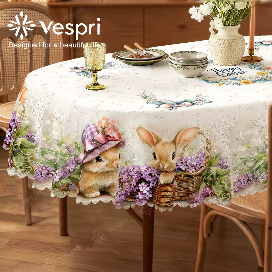 Vespri Oster-Tischdecke aus Polyester in Weiß und Lila mit Blumen- und Hasenmuster für Party und Dekoration - Bild 2
