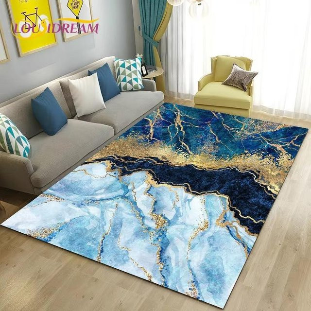 Lodestar Bereichsteppich in Blau Gold Weiß mit Marmor-Design, rutschfest, 40 x 60 cm - Bild 1