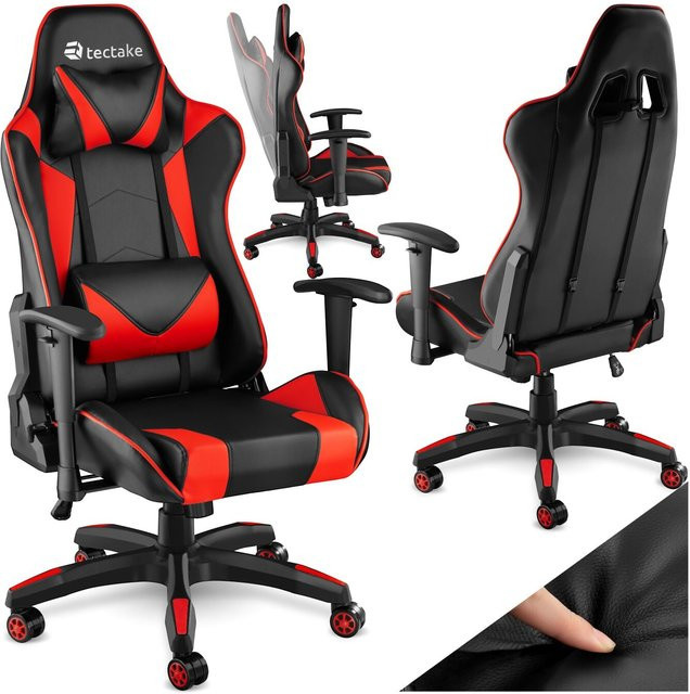 tectake Racing Gaming Stuhl in Schwarz Rot mit Kunstlederbezug, ergonomische Form, verstellbare Rückenlehne und einstellbare Armlehnen, H x B x T: 125 x 69 x 68 cm - Bild 1