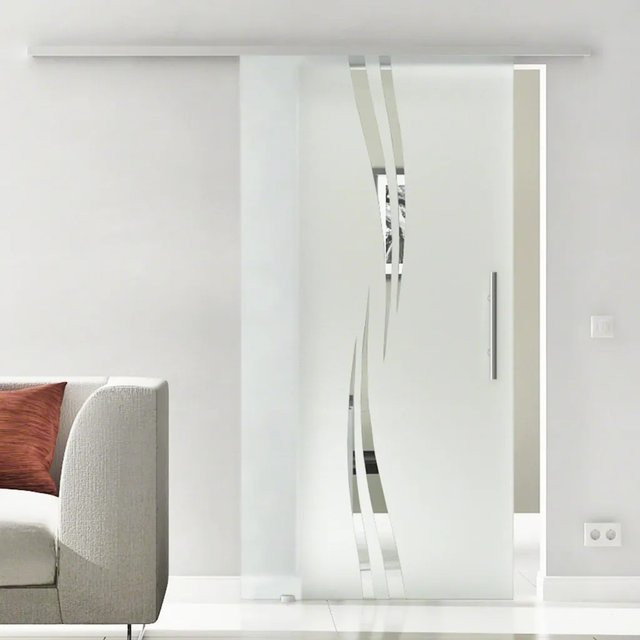 Levidor Glasschiebetür Komplettset Augsburg aus Aluminium und Glas mit Stangengriff und SoftClose, Farbe: Silber/Weiß, B/H: 77,5 x 217,5 cm - Bild 1